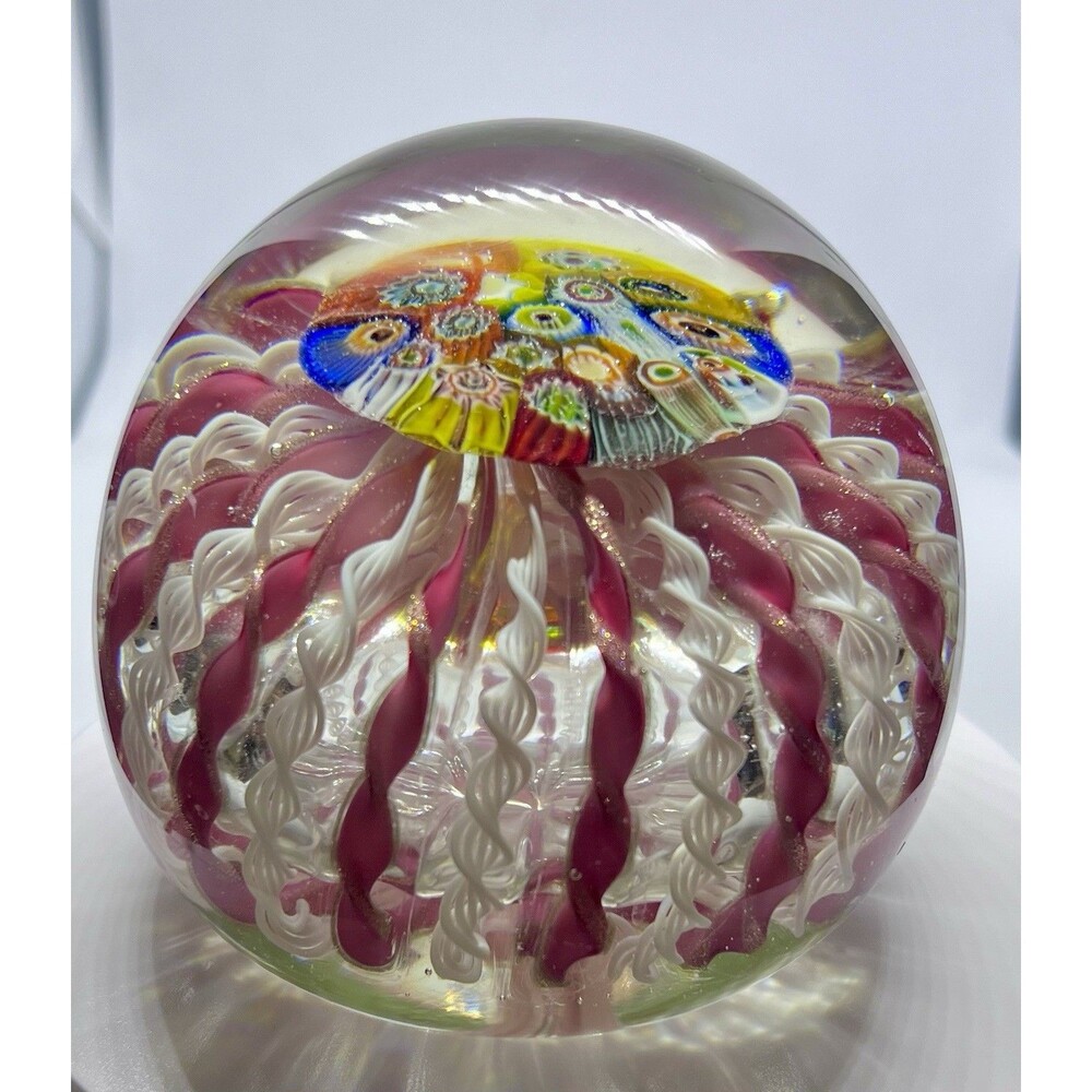 Vintage Murano Italy Millefiori Crown Paperweight Pink Latticinio Aventurine